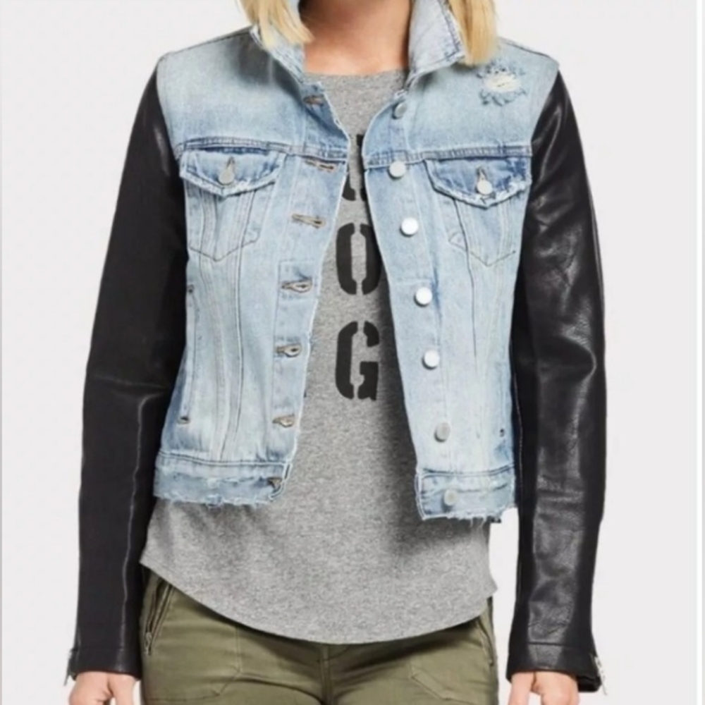 Blank Nyc Distressed Denim Faux Leather Moto Jacket XS
